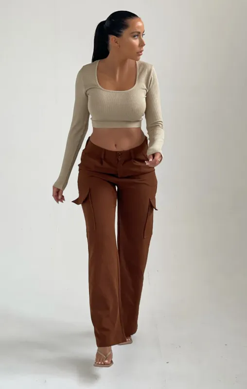 Pale Chocolate Straight Leg Side Pocket Cargo Trousers - Demi sold by Femme Luxe