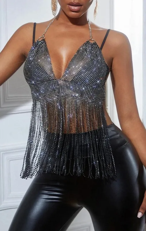 Black Halter Neck Open Back Chain Mail Tassel Top - Dani sold by Femme Luxe