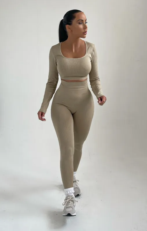 Stone Long Sleeve Crop Top And Leggings Two Piece Set - Bella sold by Femme Luxe