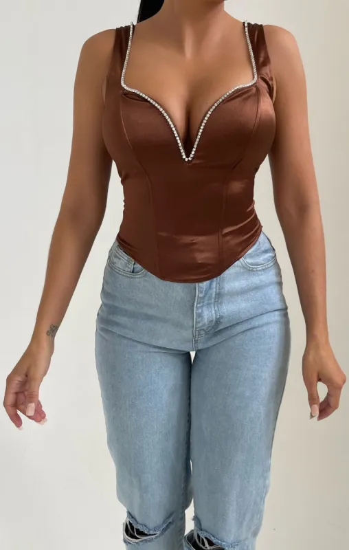 Chocolate Satin Deep Plunge Diamante Corset Top - Drea sold by Femme Luxe