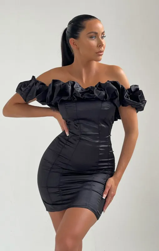 Black Satin Bardot Off The Shoulder Bodycon Mini Dress - Alisa sold by Femme Luxe