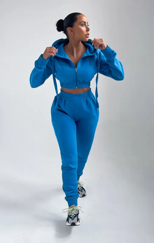 Blue Cropped Zip Front Elasticated Hem Hoodie And High Waisted Jogger Loungewear Set - Addisyn sold by Femme Luxe
