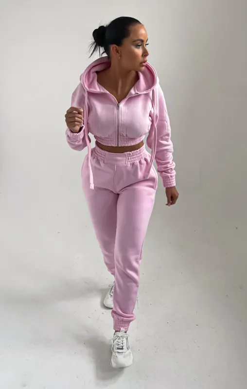 Light Pink Cropped Zip Front Elasticated Hem Hoodie And High Waisted Jogger Loungewear Set - Addisyn made by Femme Luxe