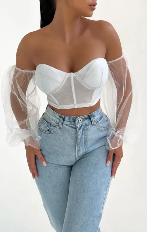 White Off The Shoulder Mesh Lurex Corset Top - Poppy sold by Femme Luxe