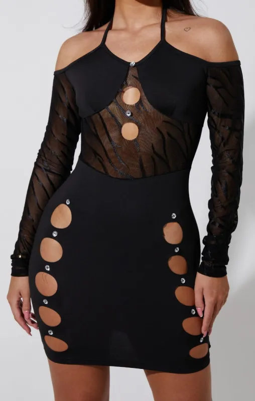 Black Mesh Off The Shoulder Cut Out Bodycon Mini Dress - Farrah sold by Femme Luxe