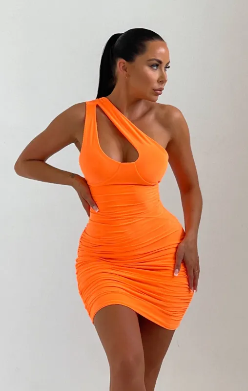 Neon Orange Asymmetric Strap Cut Out Mini Dress - Mila sold by Femme Luxe