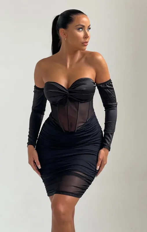 Black Off The Shoulder Cup Detail Mesh Mini Dress - Karina sold by Femme Luxe