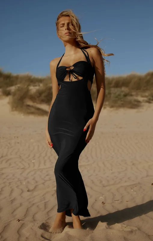 Black Cross Over Strappy Cut Out Maxi Dress - Angelica sold by Femme Luxe