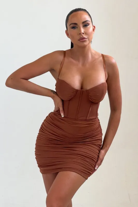 Chocolate Mesh Ruched Corset Strappy Bodycon Mini Dress - Penny sold by Femme Luxe