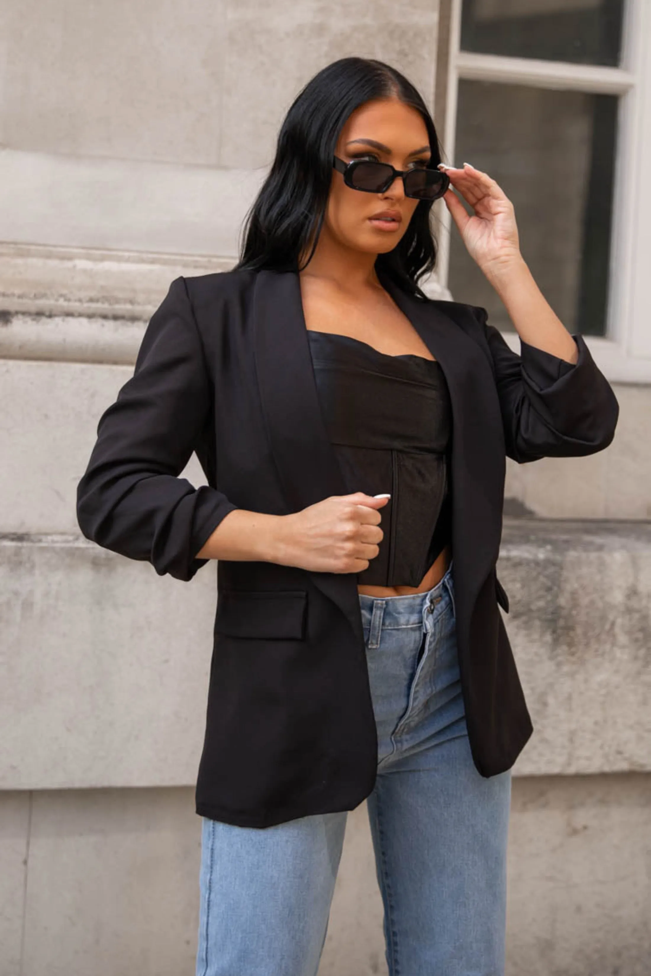 Black Long Sleeve Pocket Blazer - Tenely sold by Femme Luxe