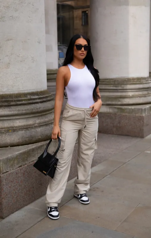 Beige Straight Leg Drawstring Cargo Trousers - Dorte sold by Femme Luxe