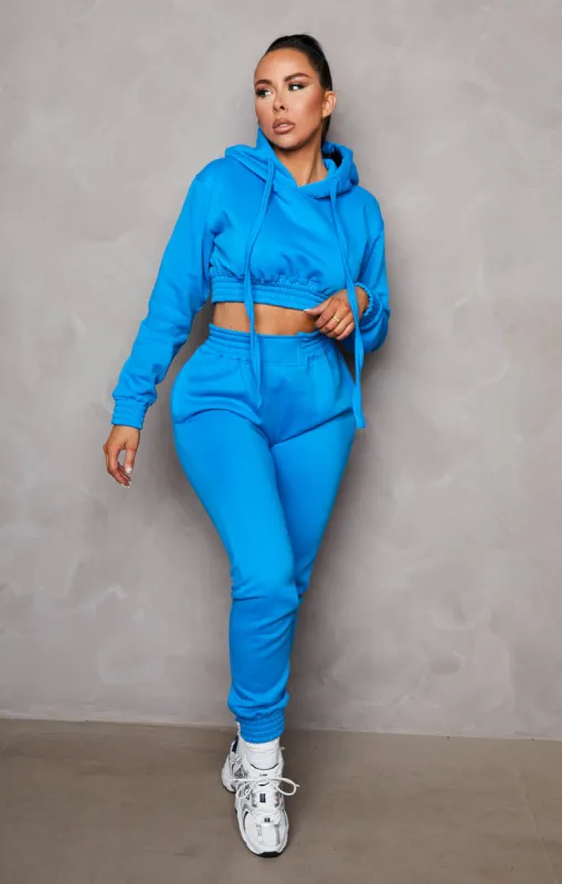 Light Blue Long Sleeve Crop Hoodie High Waisted Joggers Shirred Detail Fleece Loungewear Set - Costella sold by Femme Luxe