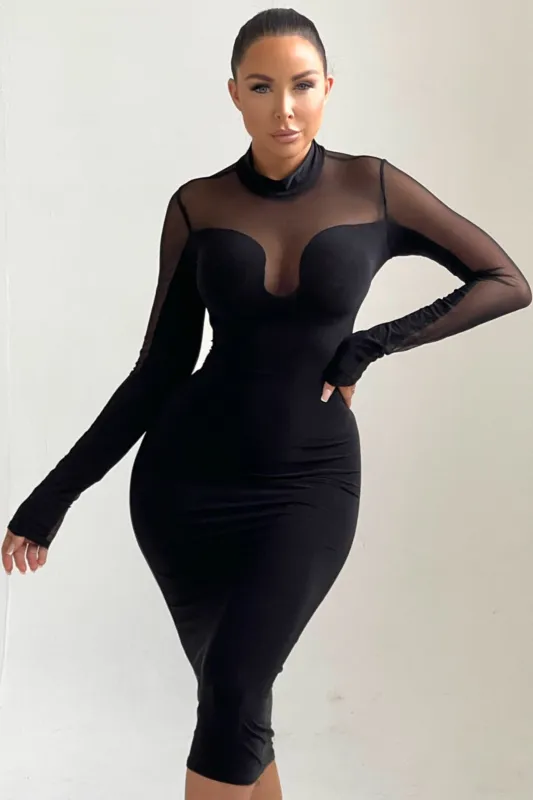 Black Long Sleeve High Neck Mesh Detail Midi Dress - Abbie sold by Femme Luxe