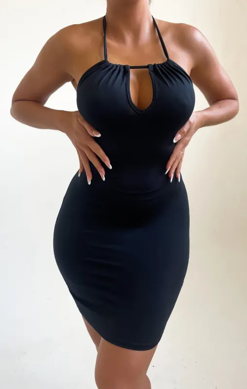 Black Ruched Halter Neck Cut Out Bodycon Mini Dress - Quila sold by Femme Luxe