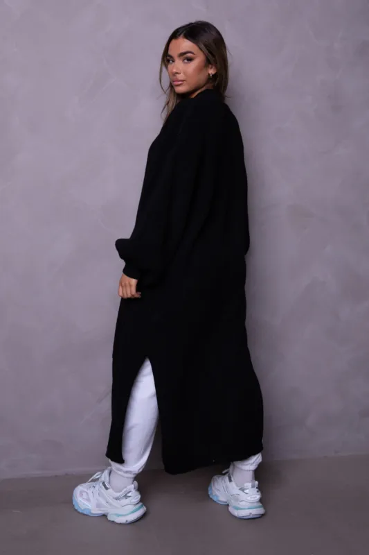Black Knitted Balloon Sleeve Side Split Longline Midi Cardigan- Emmy sold by Femme Luxe