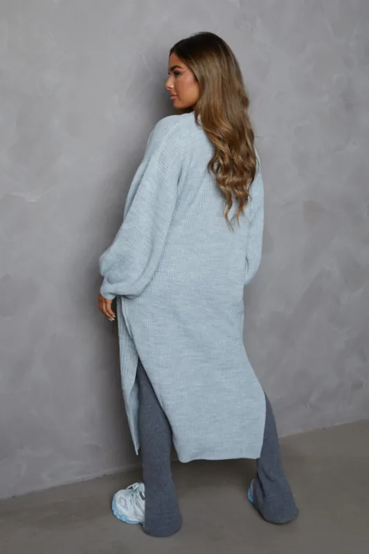 Grey Knitted Balloon Sleeve Side Split Longline Midi Cardigan- Emmy sold by Femme Luxe