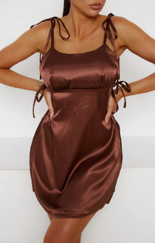Chocolate Satin Ruched Bust Tie Detail Mini Dress - Azaria sold by Femme Luxe