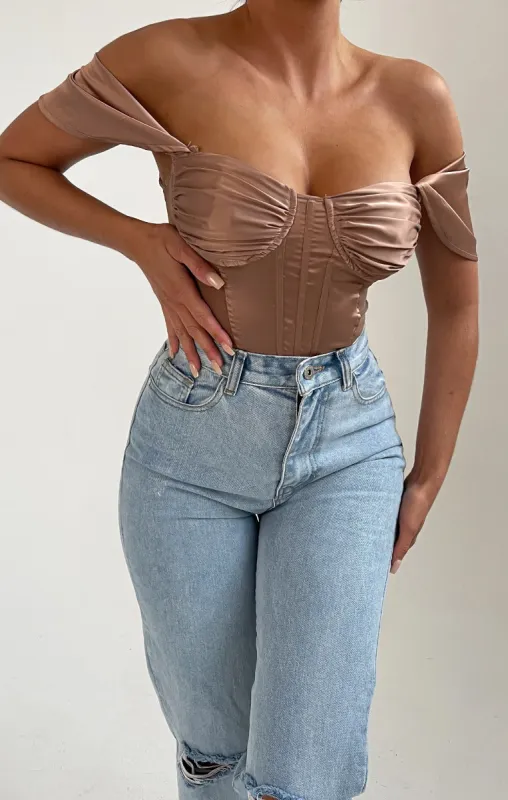 Sand Off Shoulder Corset Style Bodysuit - Anya sold by Femme Luxe