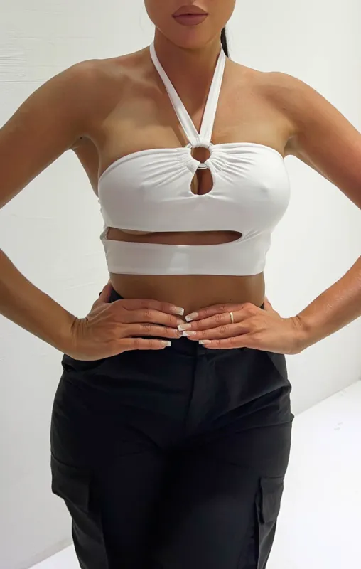 Cream O Ring Cut Out Halter Neck Crop Top - Genelle sold by Femme Luxe