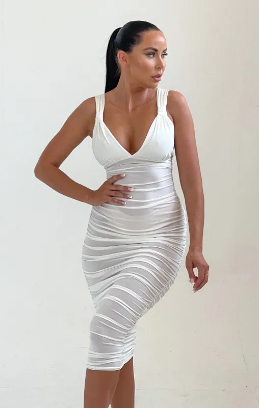 Cream Ruched V Neckline Midi Dress - Adola made by Femme Luxe