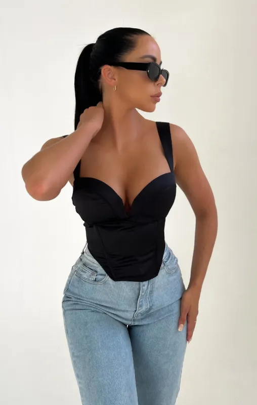 Black Satin Cup Detail Sweetheart Corset Top - Maci sold by Femme Luxe