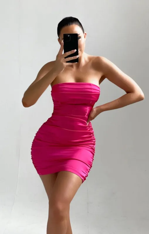 Pink Satin Strapless Corset Bodycon Mini Dress - Annie sold by Femme Luxe