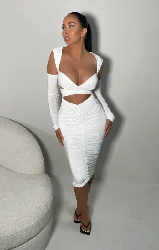 White Long Sleeve Cut Out Midi Dress-Maria sold by Femme Luxe
