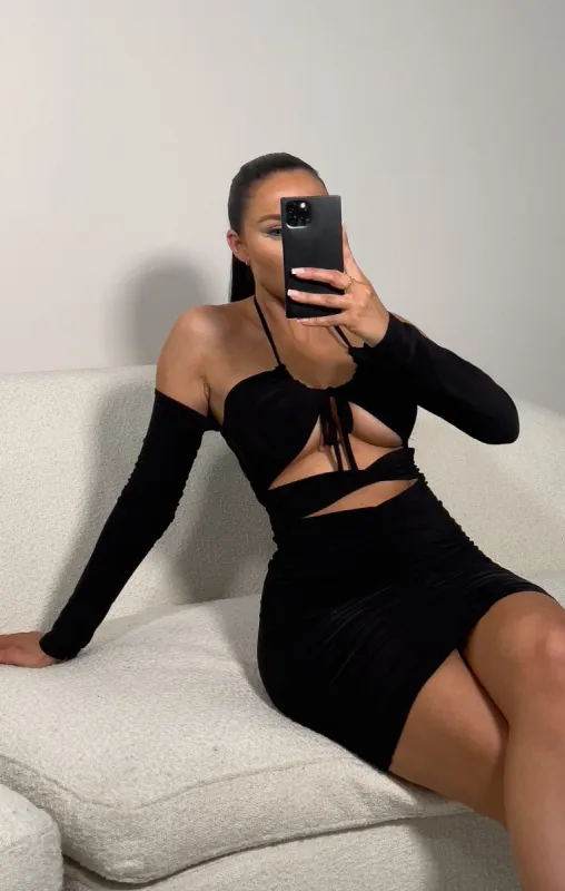 Black Long Sleeve Cut Out Mini Dress - Louisa sold by Femme Luxe