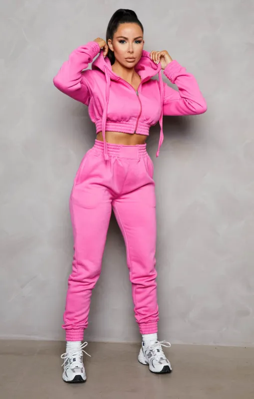 Pink Cropped Zip Front Elasticated Hem Hoodie And High Waisted Jogger Loungewear Set - Addisyn sold by Femme Luxe