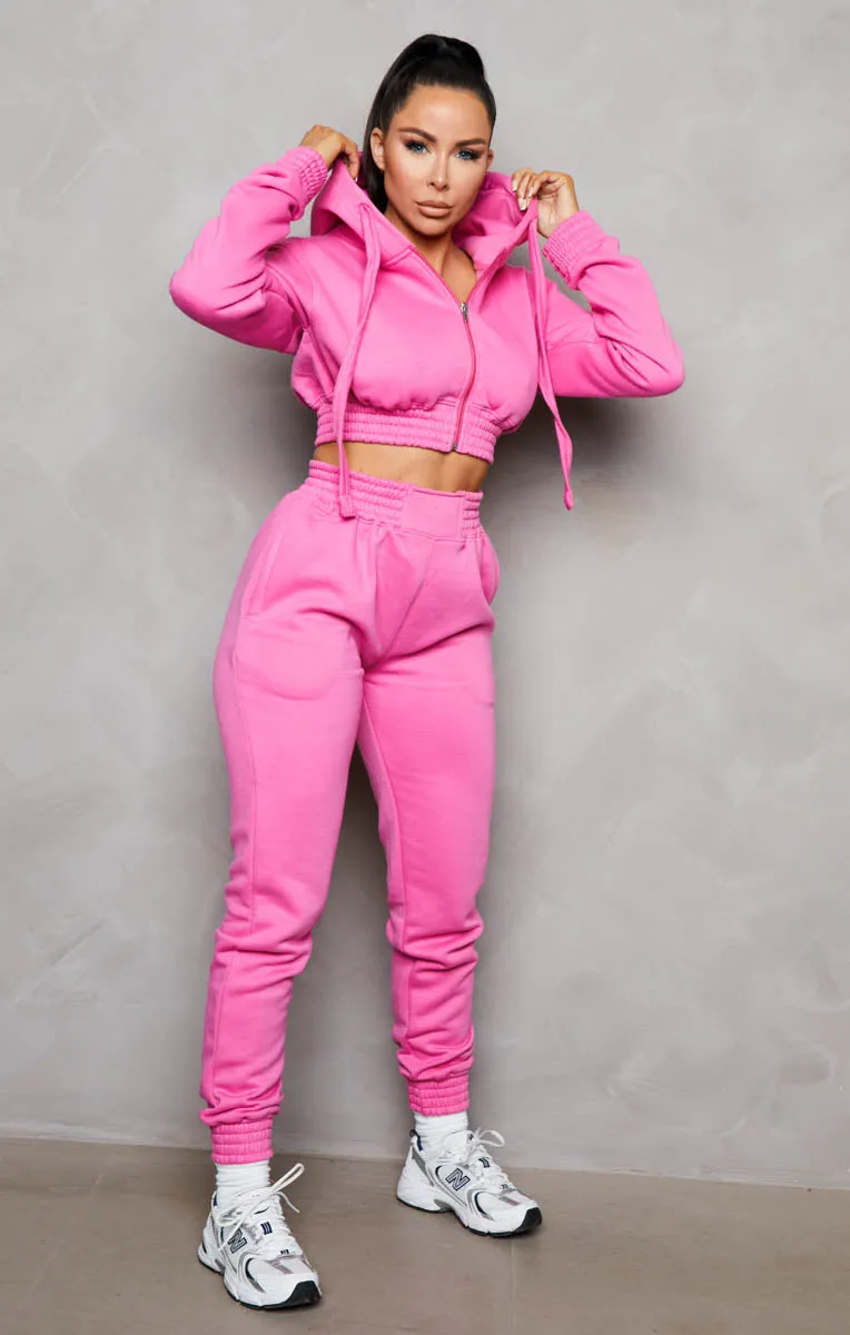 Pink Cropped Zip Front Elasticated Hem Hoodie And High Waisted Jogger Loungewear Set - Addisyn sold by Femme Luxe product image thumbnail 3
