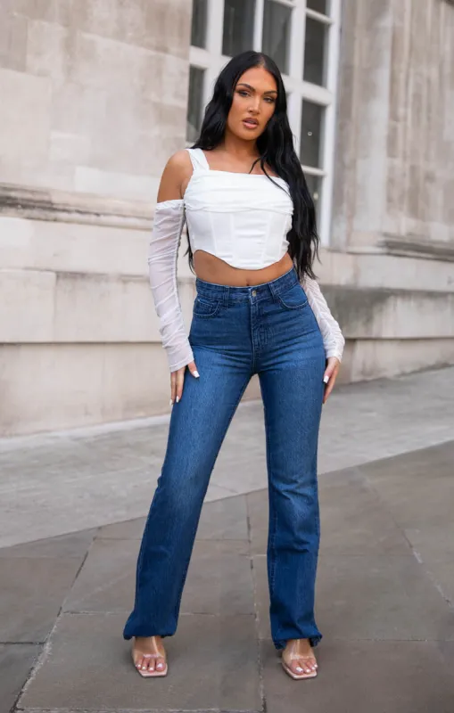 Blue Mid Wash High Waisted Flare Leg Jeans- Annabelle sold by Femme Luxe