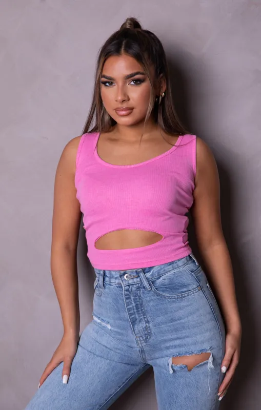 Pink Ribbed Sleeveless Cut Out Crop Top - Zinnia sold by Femme Luxe