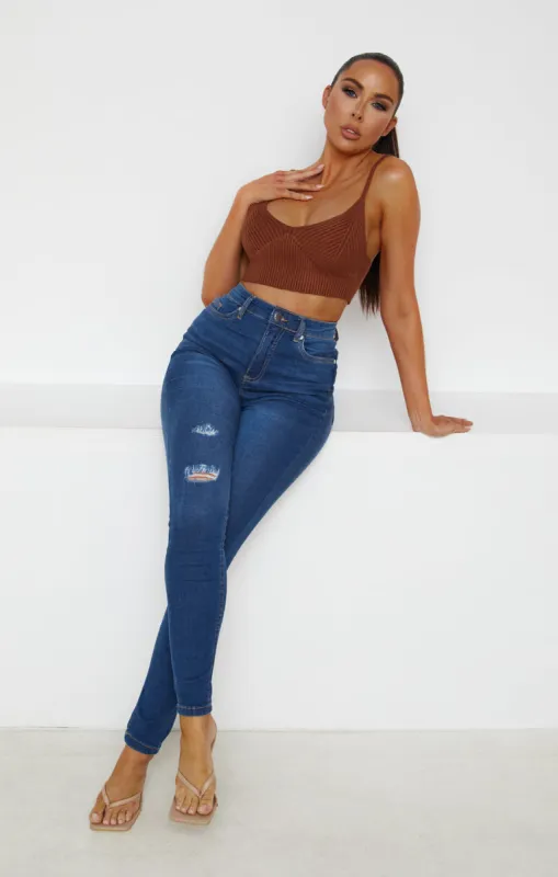 Blue Mid Wash High Waisted Distressed Skinny Jeans - Macy sold by Femme Luxe