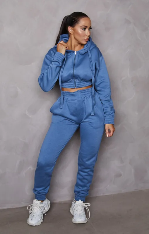 Dusky Blue cropped Zip Front Elasticated Hem Hoodie And High Waisted Jogger Loungewear Set Set- Addisyn sold by Femme Luxe