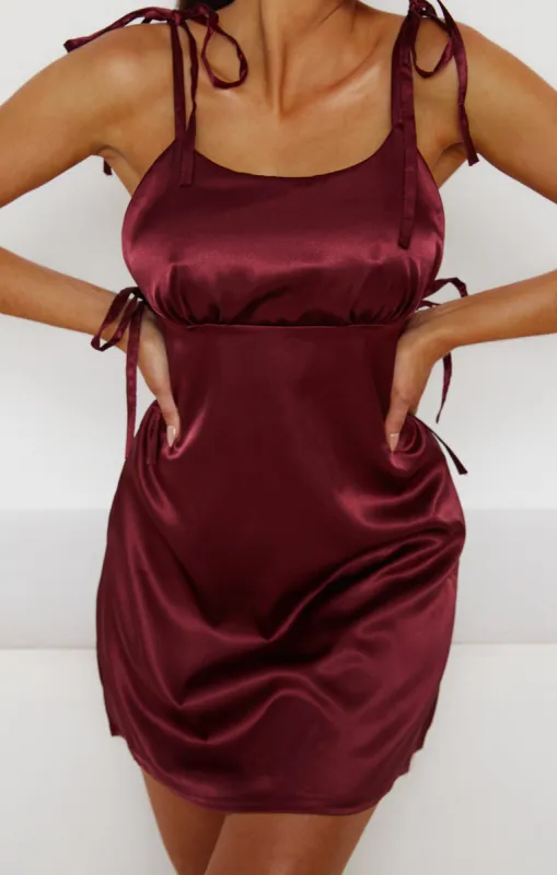 Wine Satin Ruched Bust Tie Detail Mini Dress - Azaria sold by Femme Luxe
