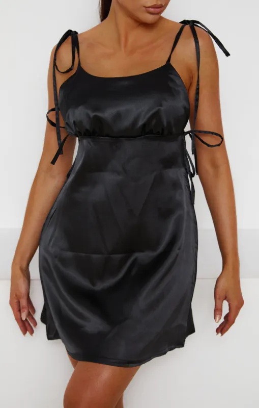 Black Satin Ruched Bust Tie Detail Mini Dress - Azaria sold by Femme Luxe
