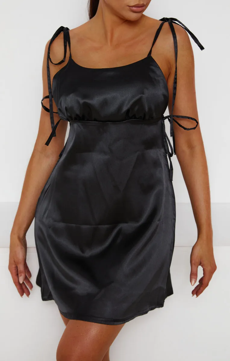 Black Satin Ruched Bust Tie Detail Mini Dress - Azaria sold by Femme Luxe