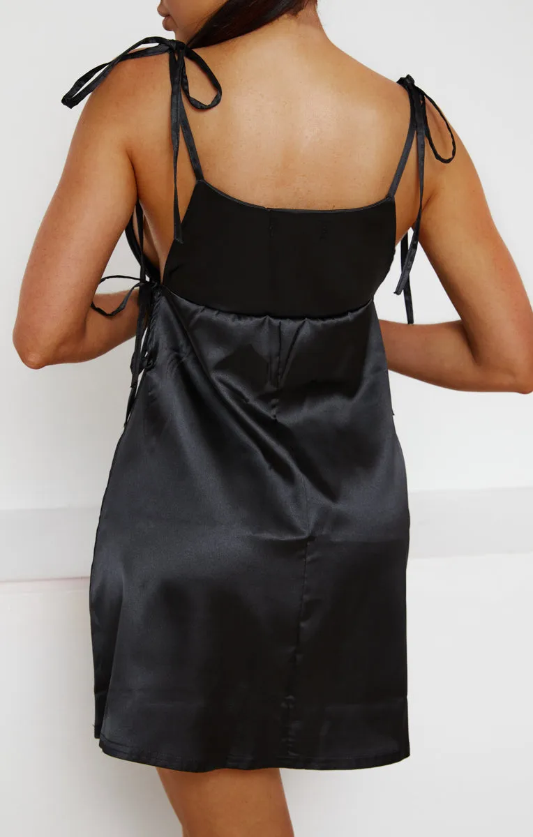 Black Satin Ruched Bust Tie Detail Mini Dress - Azaria sold by Femme Luxe product image thumbnail 2
