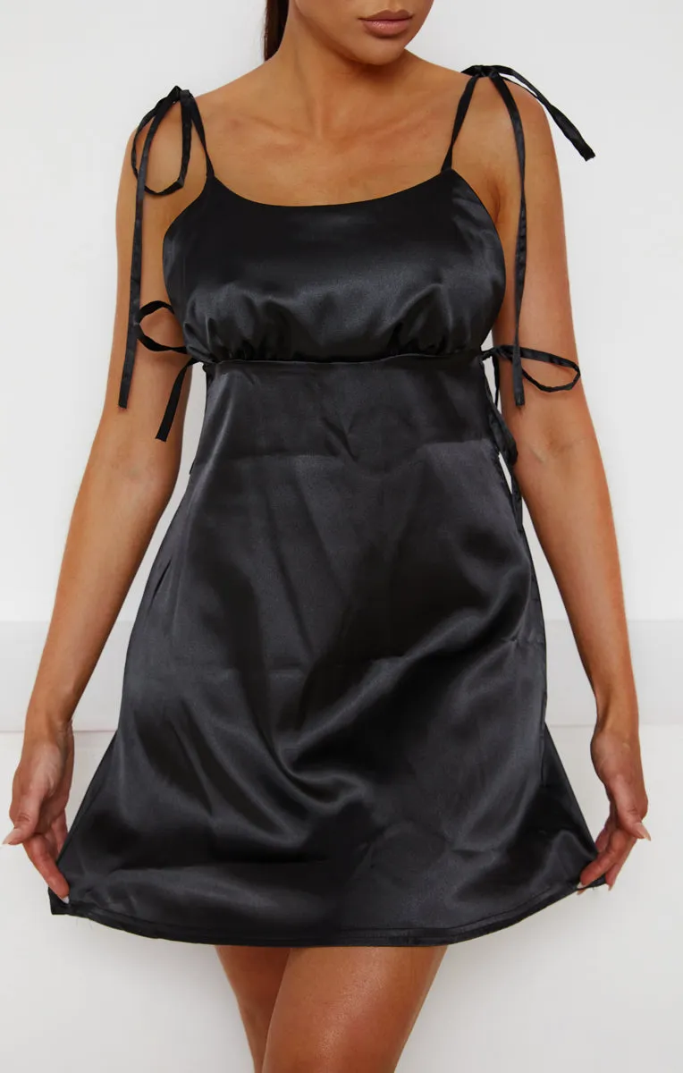 Black Satin Ruched Bust Tie Detail Mini Dress - Azaria sold by Femme Luxe product image thumbnail 3