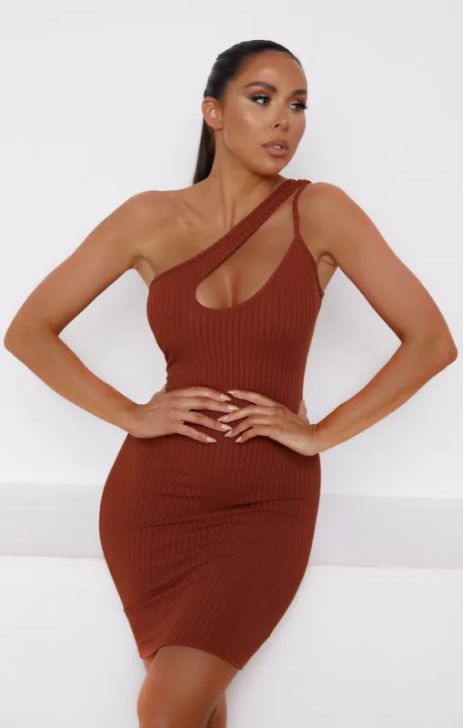 Chocolate Ribbed One Shoulder Cut Out Bodycon Mini Dress - Lucia sold by Femme Luxe