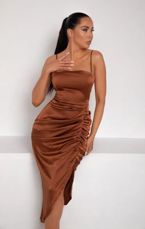 Chocolate Satin Ruched Split Strappy Bodycon Midi Dress - Savannah sold by Femme Luxe