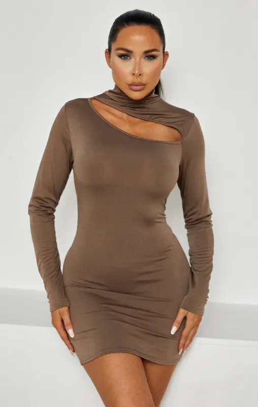 Mocha High Neck Long Sleeve Cut Out Bodycon Mini Dress - Reve sold by Femme Luxe