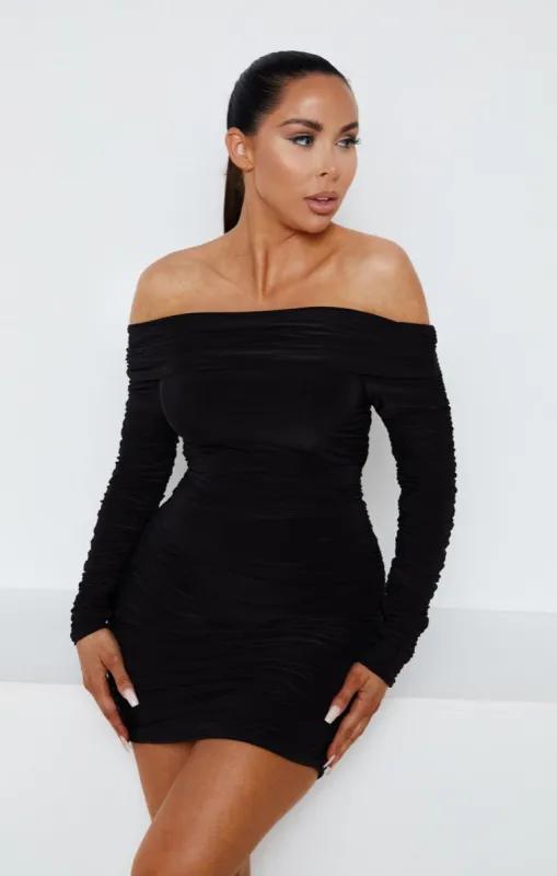 Black Ruched Bardot Off The Shoulder Long Sleeve Bodycon Mini Dress - Brook sold by Femme Luxe