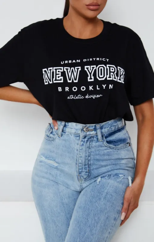 Black Oversized 'New York' Slogan Print Short Sleeve T-Shirt - Eila sold by Femme Luxe