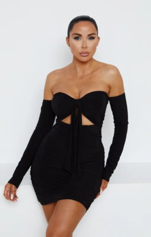 Black Slinky Ruched Bardot Long Sleeve Cut Out Tie Front Bodycon Mini Dress - Zion sold by Femme Luxe