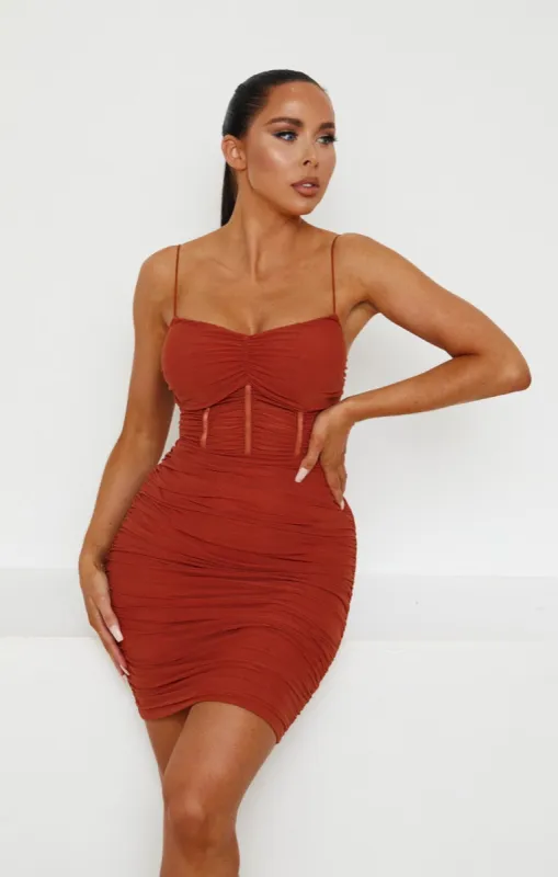Rust Mesh Ruched Sheer Panel Strappy Bodycon Mini Dress - Hester sold by Femme Luxe