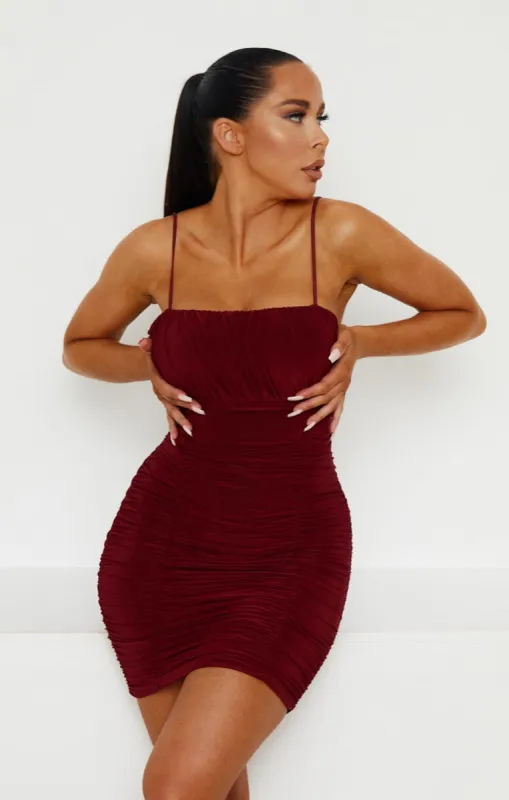 Wine Slinky Ruched Strappy Bodycon Mini Dress - Nia sold by Femme Luxe