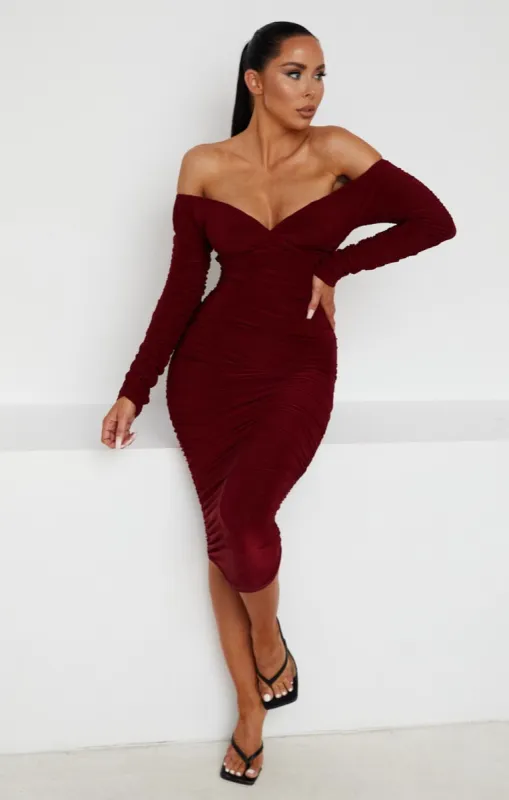 Wine Ruched Bardot Long Sleeve Bodycon Mini Dress - Mindy sold by Femme Luxe