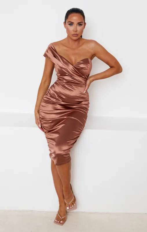 Mocha Satin Ruched One Shoulder Sweetheart Neckline Bodycon Midi Dress - Rae sold by Femme Luxe