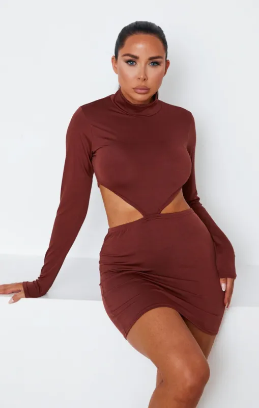 Brown High Neck Long Sleeve Cut Out Side Bodycon Mini Dress - Saanvi sold by Femme Luxe